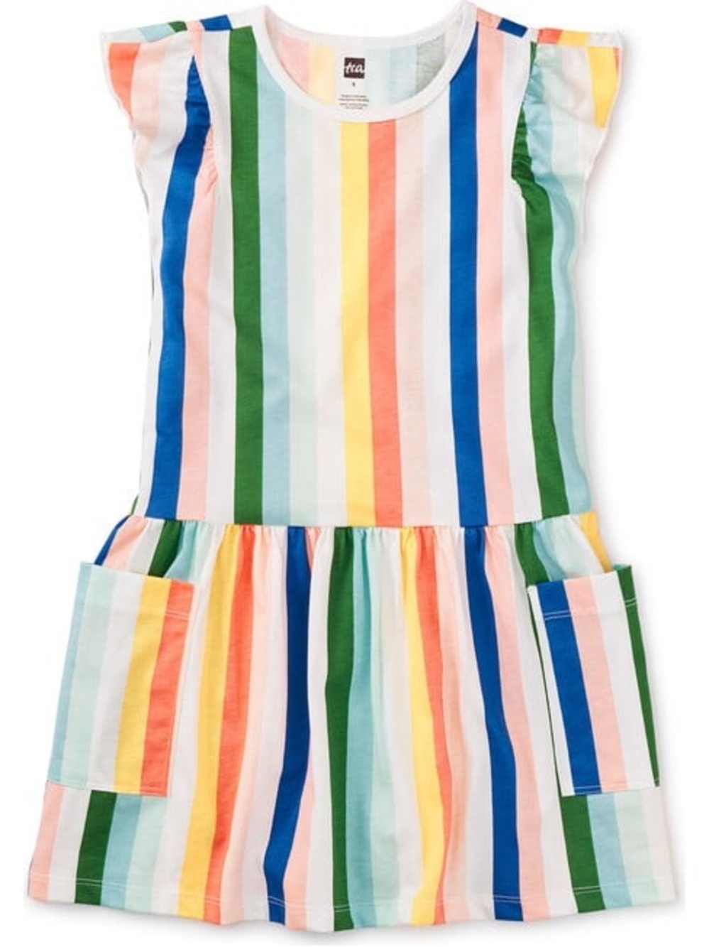 Tea Collection Girls Lisbon Stripe Dress w/ Flutter Sleeves & Patch Pockets Sz 7